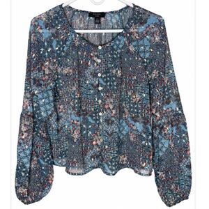 Haver London Blue Floral Metallic Gold Blouse L Boho Balloon Sleeve